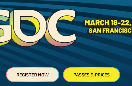 GDC branding, date and register buttons on a blue background and yellow highlights