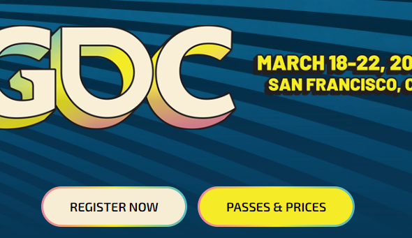 GDC branding, date and register buttons on a blue background and yellow highlights