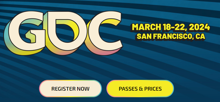 GDC branding, date and register buttons on a blue background and yellow highlights