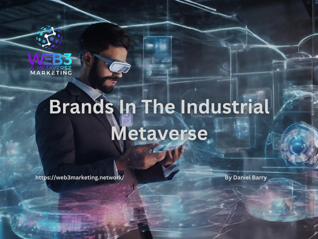 Brands in the metaverse text on a background of a man working in a futuristic setting.