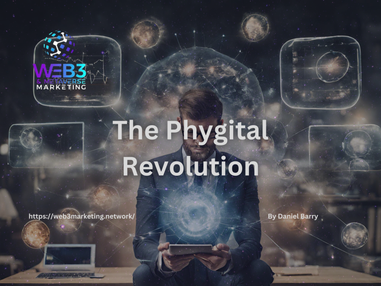 Phygital Revolution text on a background of a man in a futuristic setting Web3 metaverse marketing